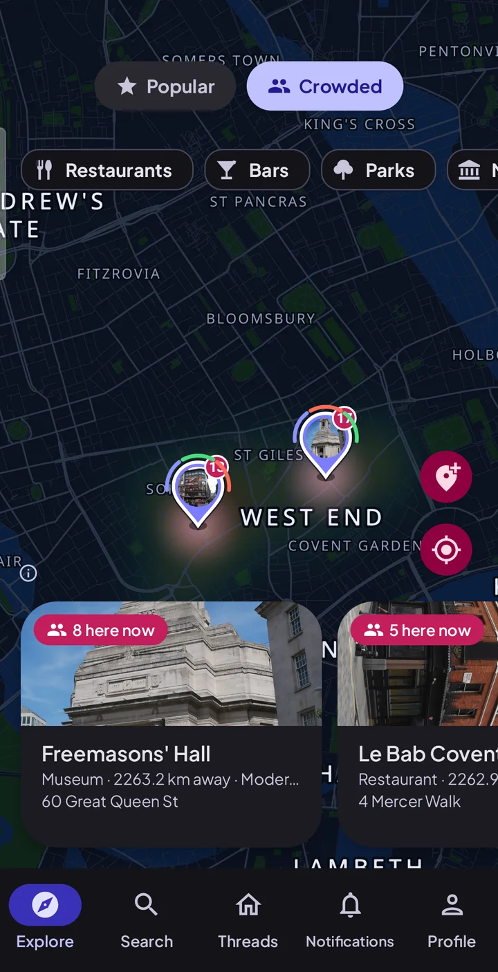 The Crowded view over London's West End, two places glowing with a live head count