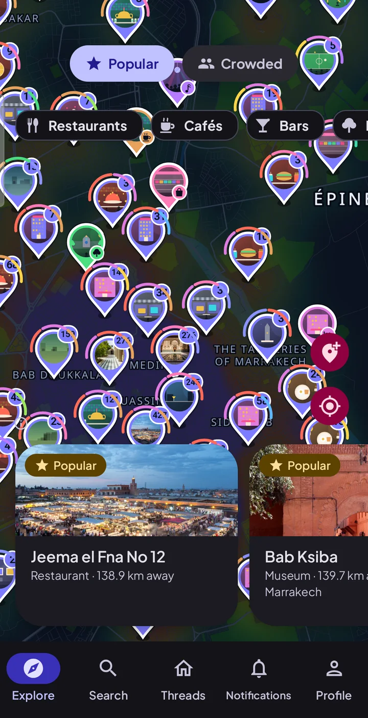 Marrakech medina on the Popular map, every place with its picture and Jemaa el-Fna leading the cards