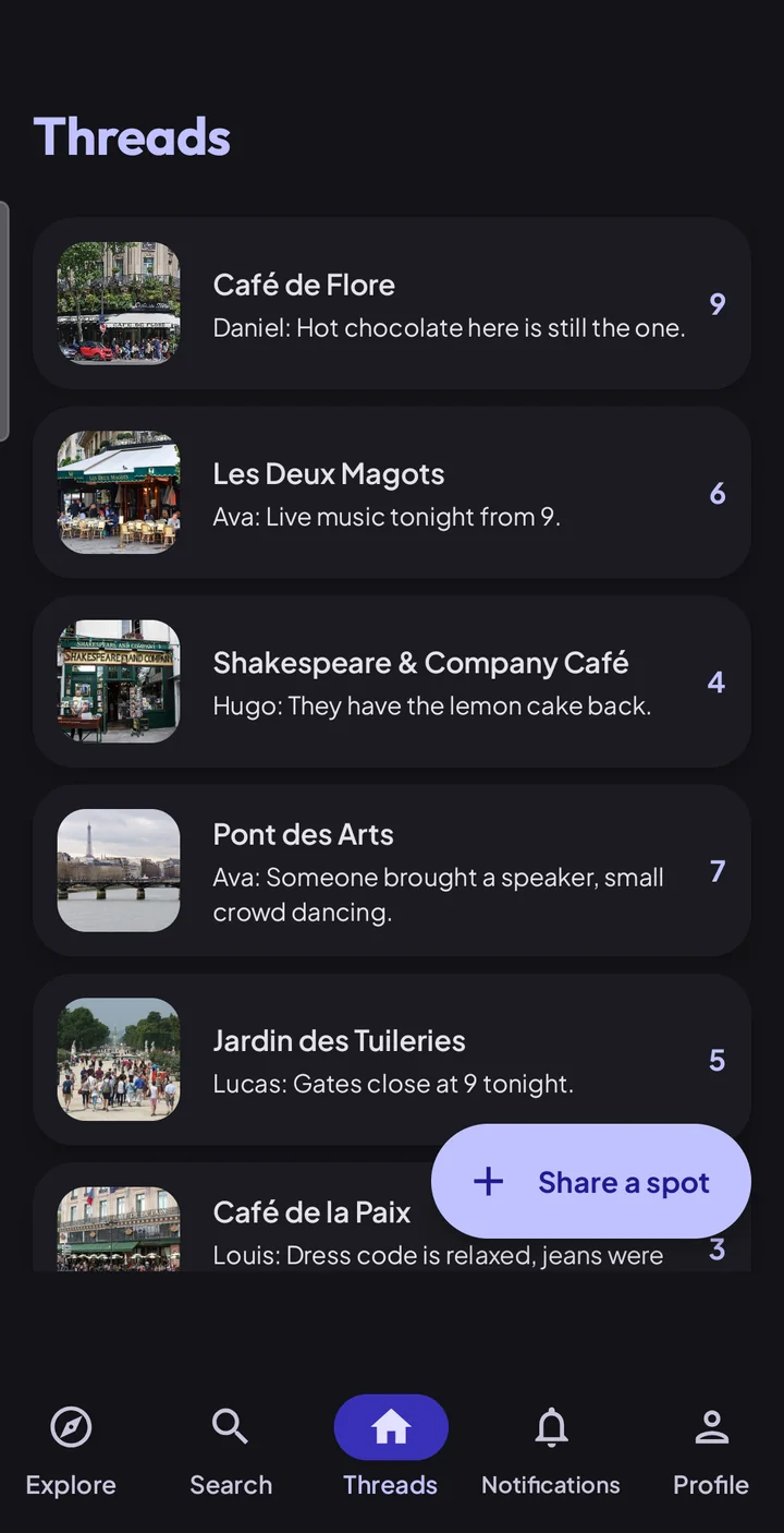 The Threads inbox for Paris: Café de Flore, Les Deux Magots, Pont des Arts, each with its latest message and how many people are there