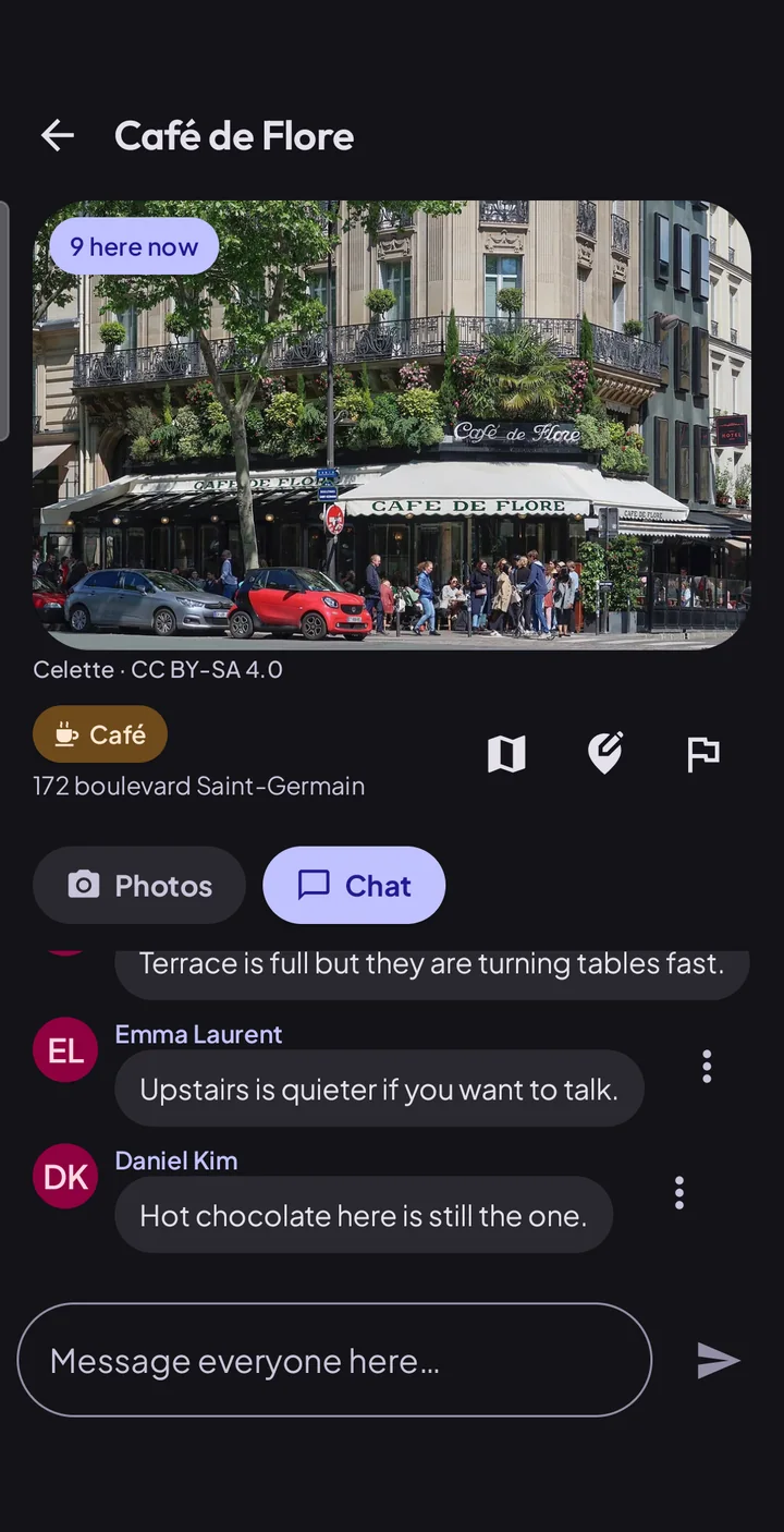 Café de Flore's page: its photograph and credit, nine people here now, and the conversation happening there